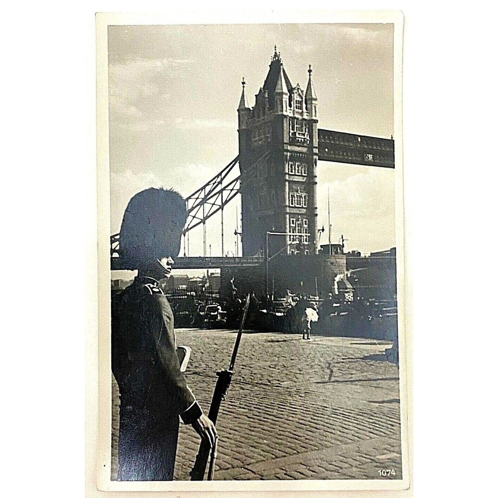 Postcard RPPC London Tower Bridge Kings Guard RARE City View Bearskin Hat